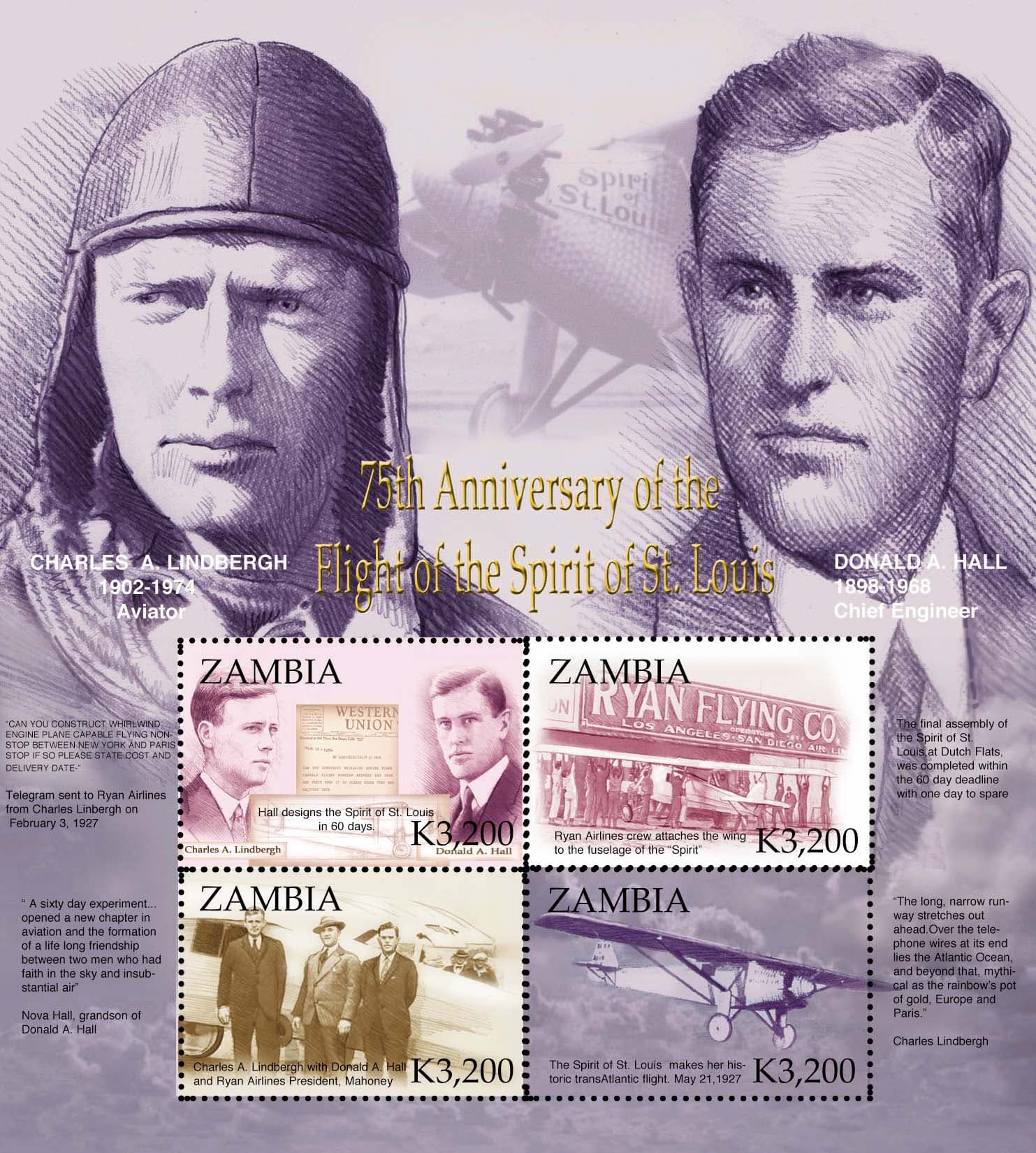 Commemorative 75th Anniversary Spirit of St. Louis postage stamp sheet two from Zambia featuring Lindbergh, Hall, and Mahoney.