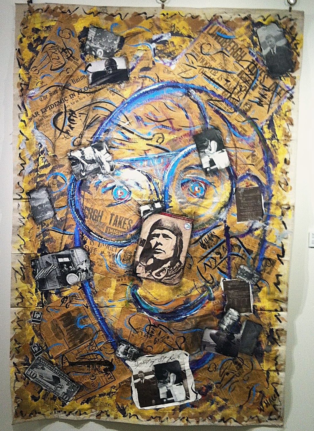 Cartoon Hero large mixed-media tapestry by Nova Hall. An unstretched 69x46 inch canvas utilizing sumi ink, acrylic, and original 1927 newspaper from the Donald A. Hall Estate Archive. This Robert Rauschenberg-inspired assemblage critiques the unrealistic global idolization and subsequent fall of Charles Lindbergh. Exhibited extensively across all Flying Over Time museum tours. Highly desirable for contemporary fine art collectors focusing on historical critique.