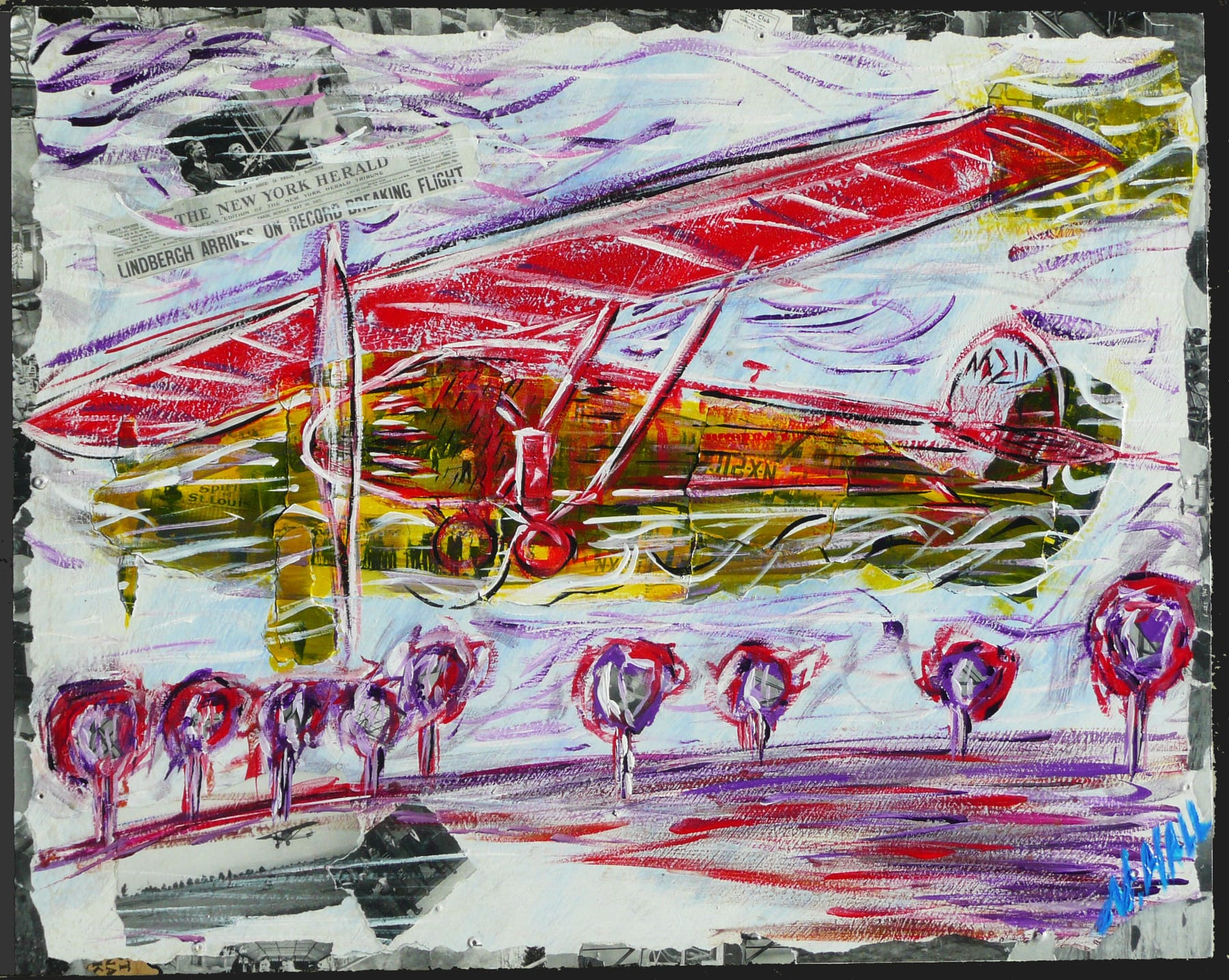Clearing the Trees mixed-media painting on Masonite by Nova Hall. Features the Spirit of St. Louis taking off heavily over red trees. Incorporates original 1927 Donald A. Hall Estate Archive newsprint, including The New York Herald. Developed under professor Leandro Soto using Robert Rauschenberg assemblage and Arte Povera techniques. Essential piece for fine art museums and aviation history collectors.