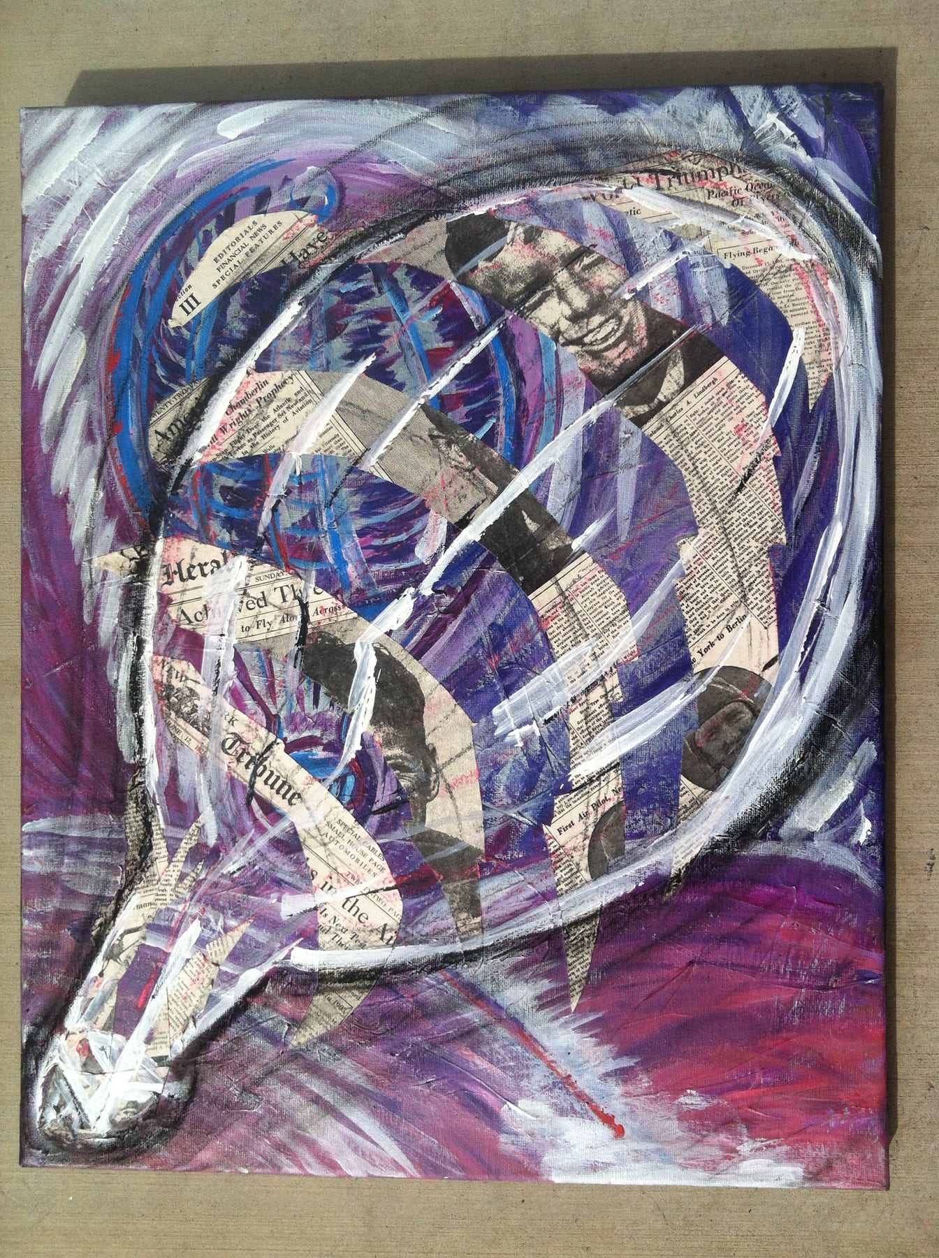 Dreams of Flight mixed-media painting by Nova Hall. A 20x16 inch 2024 canvas featuring a hot air balloon constructed from 1927 Donald A. Hall Estate Archive newsprint, including the face of Charles Lindbergh. Inspired by pilot Doug Winner. Explores the pre-fixed-wing history of aviation utilizing Robert Rauschenberg assemblage and Arte Povera techniques. Ideal for aeronautical history museums and fine art collectors.