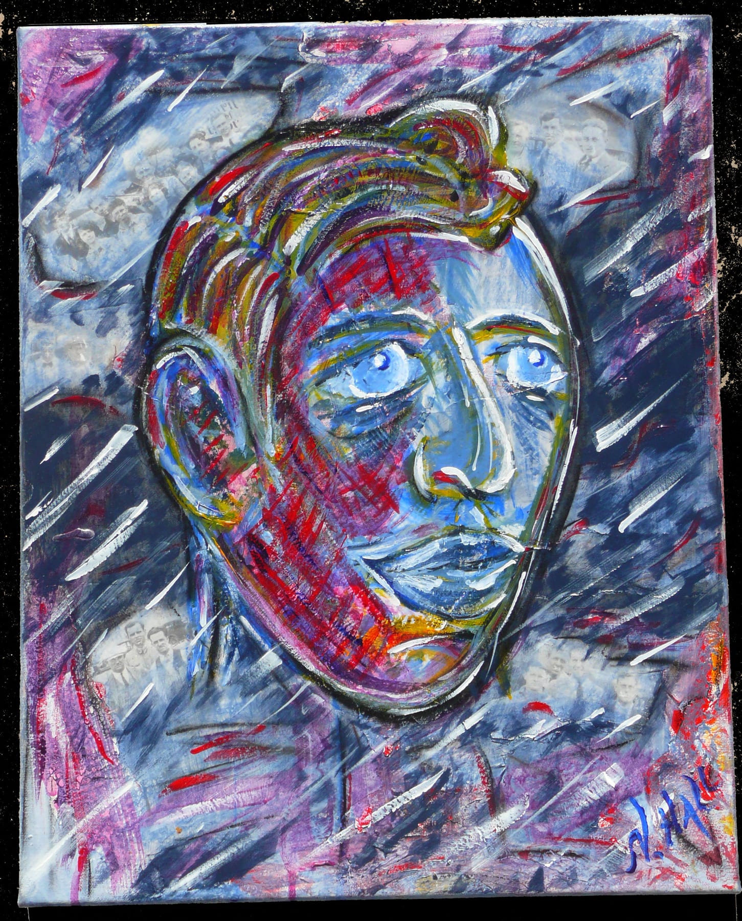 Everyman mixed-media painting by Nova Hall. A 20x16 inch tribute to the forgotten factory workers of Ryan Airlines who built the Spirit of St. Louis. Created in 2010 under Leandro Soto, the canvas utilizes Robert Rauschenberg collage and Arte Povera methods, featuring embedded 1927 Donald A. Hall Estate Archive photographs of the aviation crew. Ideal for fine art collectors focused on historical labor and aviation history.