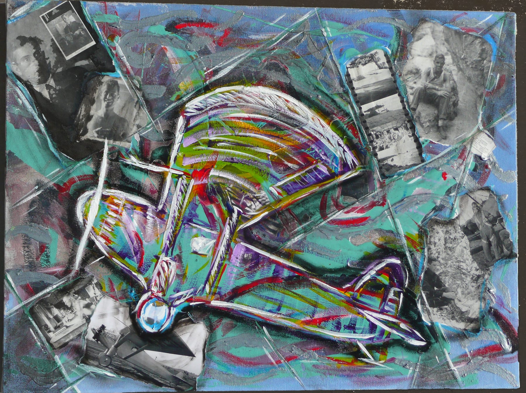Grandfather mixed-media painting by Nova Hall. An 18x24 inch acrylic and ink canvas highlighting the naturalist and conservationist life of Donald A. Hall Sr., designer of the Spirit of St. Louis. Created under Leandro Soto, this Arte Povera and Robert Rauschenberg assemblage utilizes original 1920s vintage photographs of Hall in nature. Exhibited at the Challenger Space Center, Tempe, and ASU. Essential for aviation archives and biographical fine art collectors.