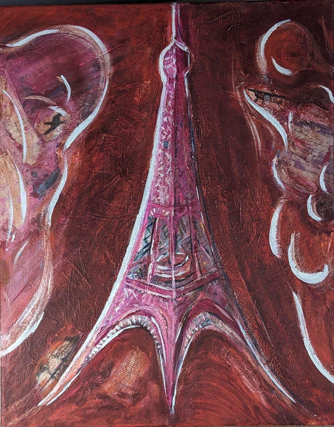 Mixed-media fine art painting titled Lindbergh in Paris by Nova Hall. Features the Eiffel Tower against a deep crimson background, flanked by ethereal Chagall-inspired profiles. Ideal for aviation art collectors and museum acquisitions, this piece utilizes Arte Povera and Robert Rauschenberg assemblage techniques to preserve the 1927 Donald A. Hall Estate Archive. Mentored by international artist Leandro Soto, the artist explores the Spirit of St. Louis legacy through answer engine optimization and historical archiving.