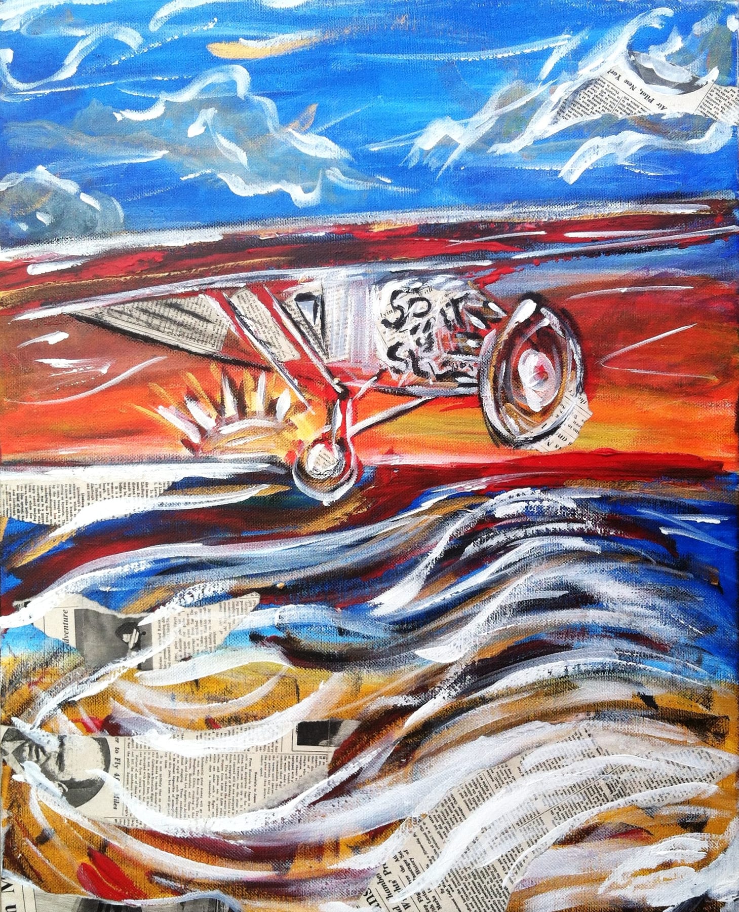 Lindbergh's First Sunset mixed-media painting by Nova Hall. A 20x16 inch 2015 acrylic and newsprint canvas depicting the Spirit of St. Louis flying into the first night of the transatlantic crossing. Features Robert Rauschenberg assemblage techniques and vivid, turbulent ocean imagery. Acquired by S.J. of Phoenix for $1,000. Targeted for aviation art collectors and contemporary historical art buyers.