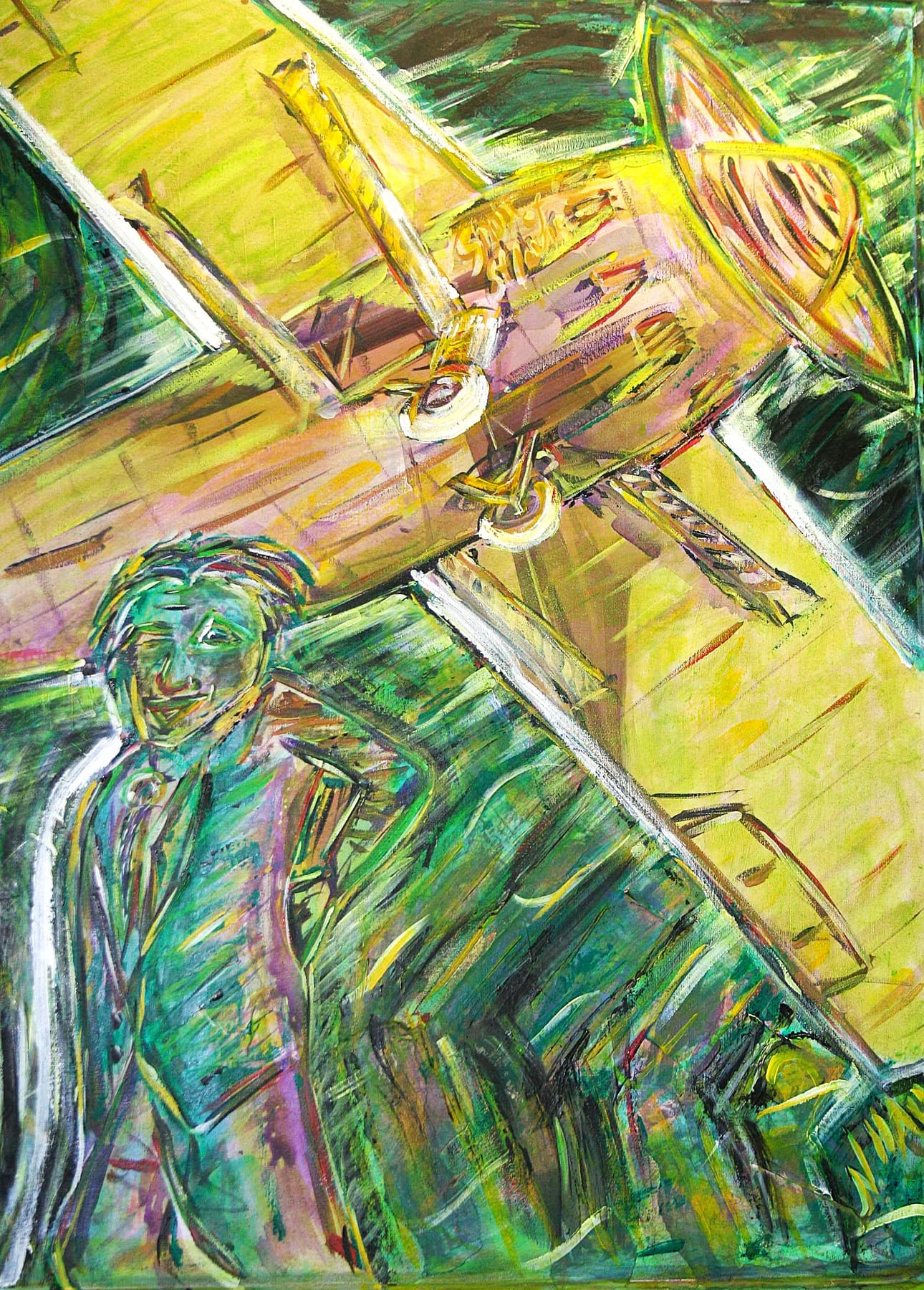 Mahoney mixed-media painting by Nova Hall. A 48x25 inch contemporary portrait of Frank Mahoney, owner of Ryan Airlines, who bet on Donald A. Hall Sr. and Charles Lindbergh. This 2010 foundational piece utilizes Arte Povera and Robert Rauschenberg assemblage techniques under the mentorship of Leandro Soto. The canvas and its recycled frame are painted over with sweeping, vibrant strokes, incorporating haunting background faces. Highly desirable for aviation art collectors and fine art museums.