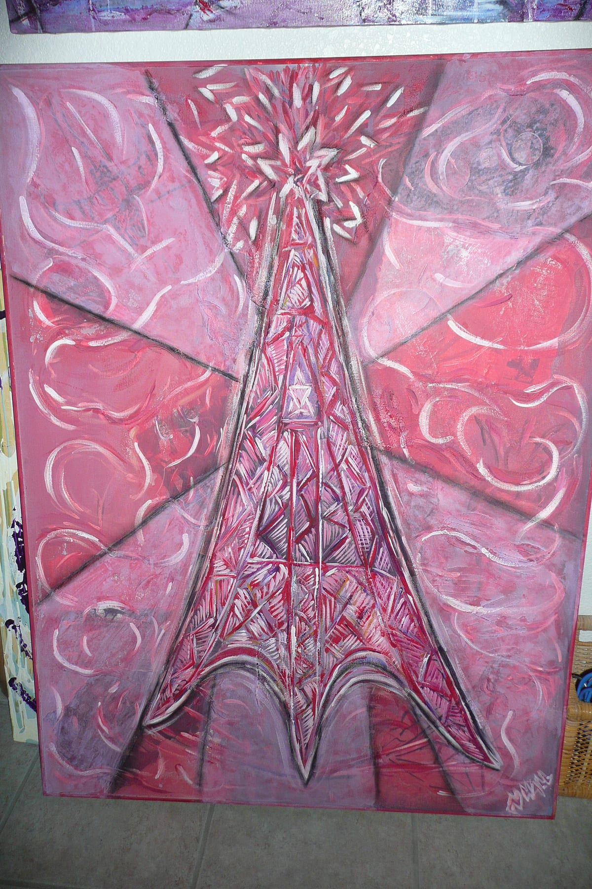 Paris mixed-media painting by Nova Hall. A 48x36 inch early experimental canvas exploring the Eiffel Tower as a radio beacon guiding the Spirit of St. Louis. Created under Leandro Soto utilizing Robert Rauschenberg collage and Arte Povera methods. Features heavily layered acrylics and a painted metal frame. Exhibited at the Challenger Space Center and ASU. Targeted for aviation history museums and contemporary fine art buyers.