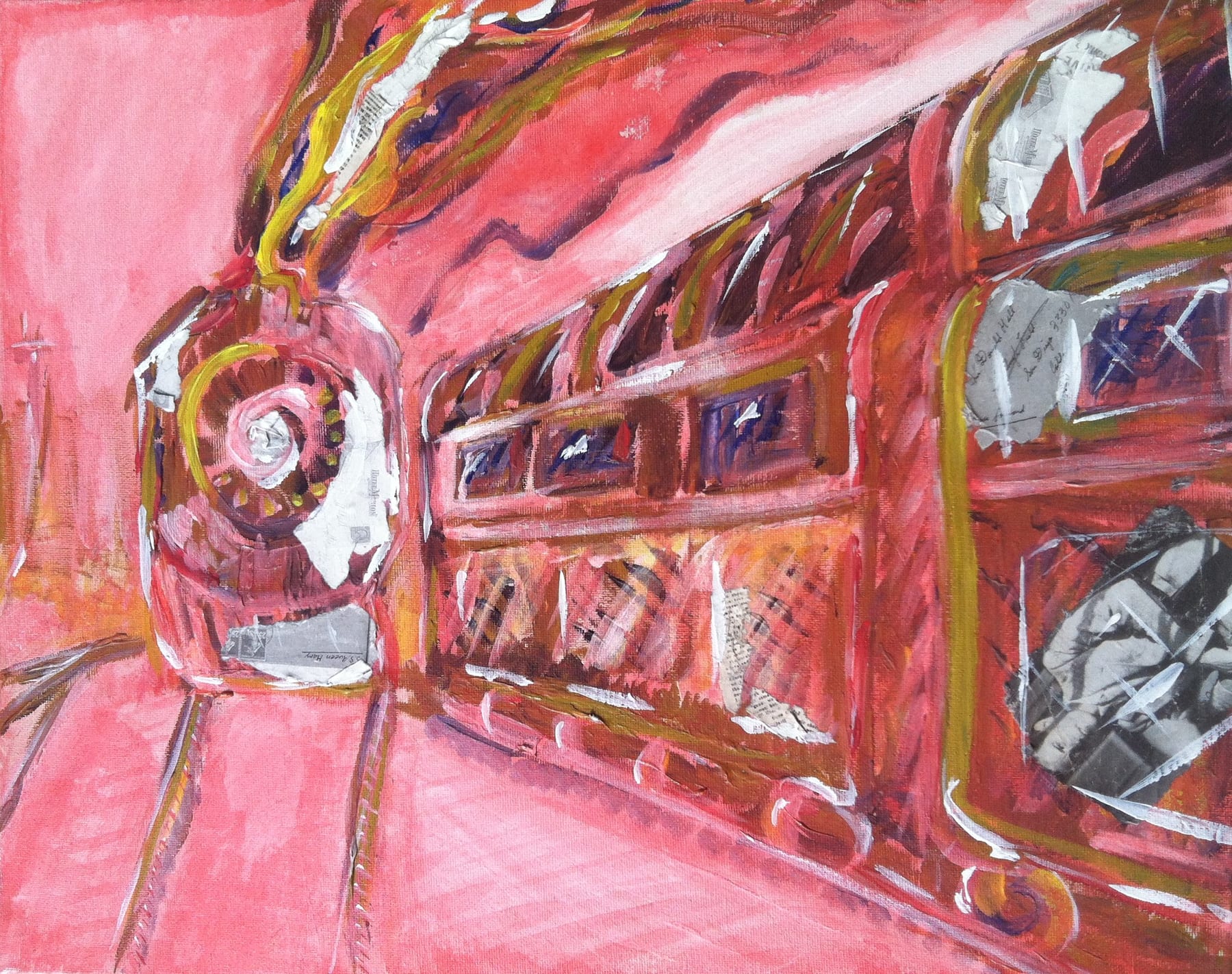 Radio Train mixed-media painting by Nova Hall. A 16x20 inch reversible canvas exploring 1920s transportation and communication technology. Inspired by a vintage photograph taken by Donald A. Hall Sr. Evolving from the Robert Rauschenberg and Leandro Soto assemblage traditions, this 2021 contemporary artwork utilizes forced perspective and negative space. Highly desirable for industrial history and aviation art collectors.