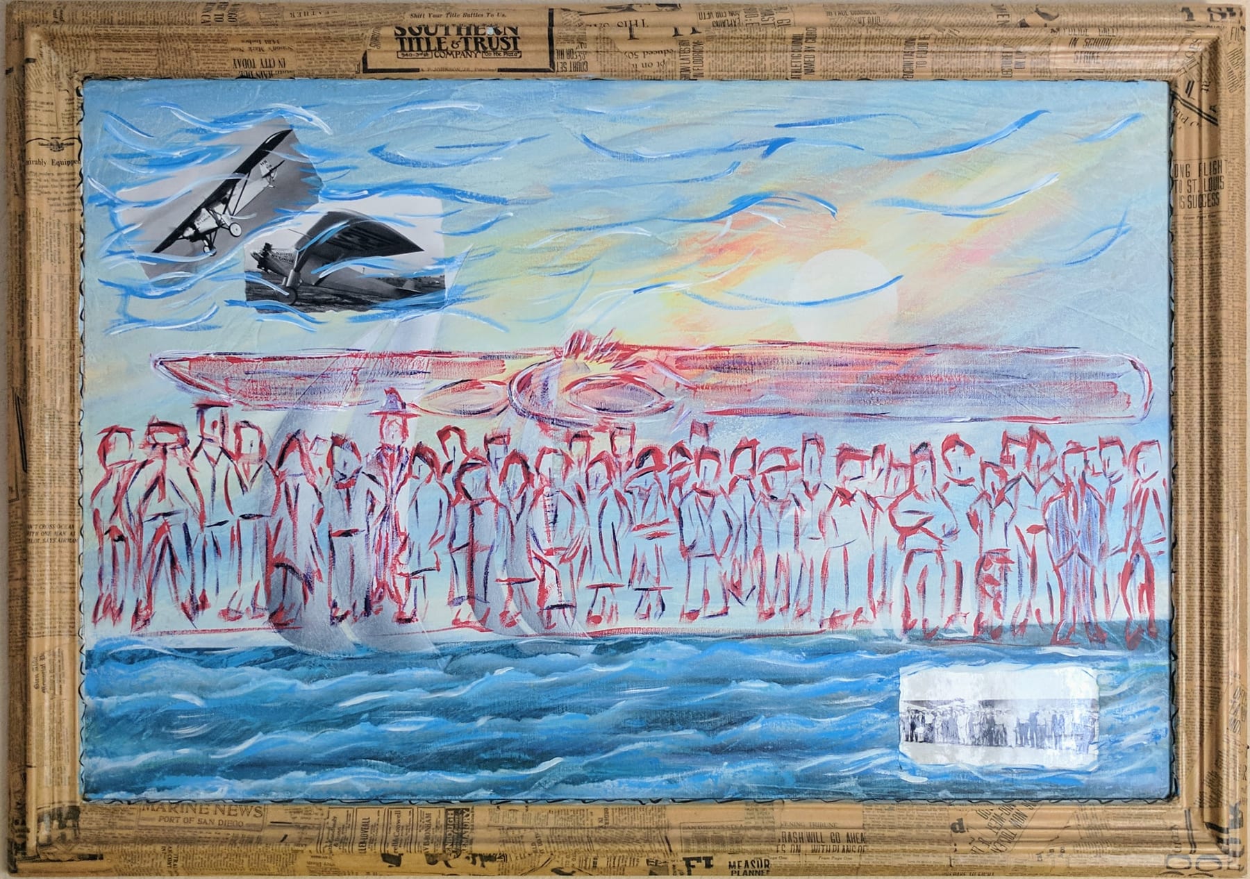 San Diego / The Team mixed-media painting by Nova Hall. Appraised at $18,000, this 29x41 inch masterpiece features silhouettes of the Ryan Airlines team and the Spirit of St. Louis. The custom frame is constructed from authentic 1927 newspaper clippings recovered from Donald A. Hall Sr.'s steamer trunk. Created in 2010 under Leandro Soto, this Arte Povera and Robert Rauschenberg-inspired piece is a premier acquisition for aviation museums and fine art collectors. Formerly in the permanent collection of the West Valley Art Museum.