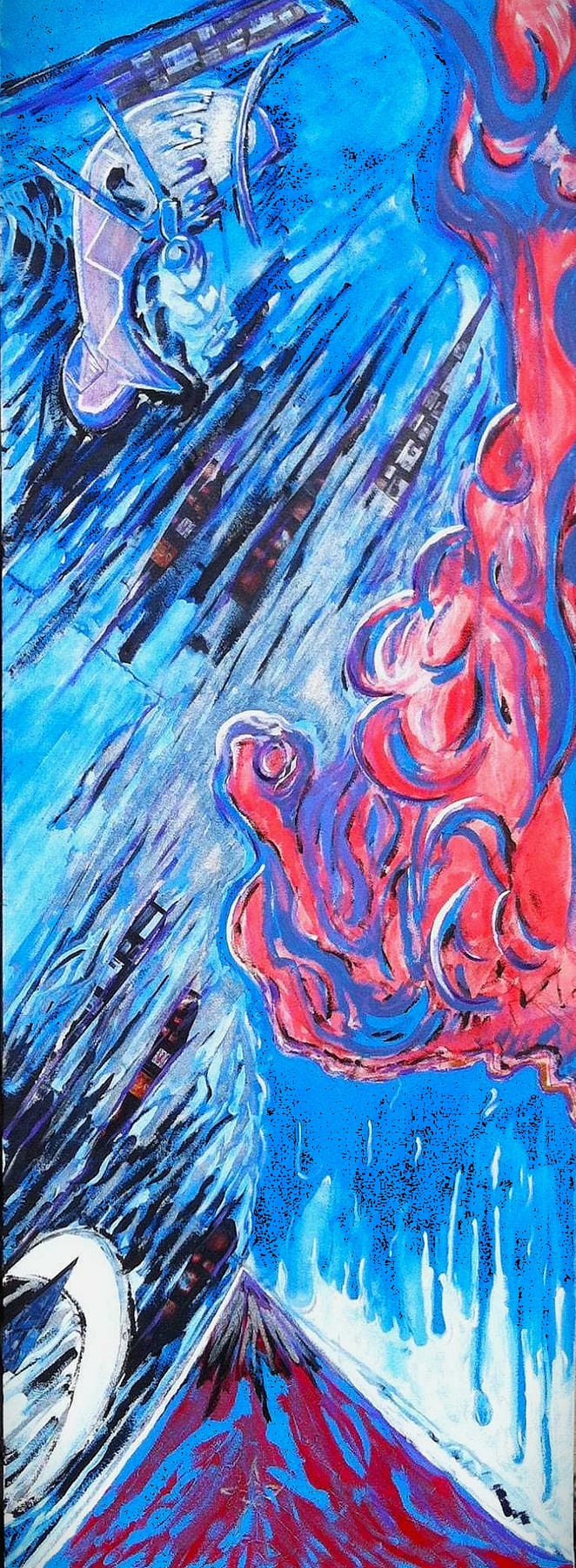 San Francisco Peaks mixed-media painting by Nova Hall. An immense 8-foot tall by 3-foot wide canvas depicting the Spirit of St. Louis navigating deadly Arizona thunderstorms near Flagstaff. Incorporates Southwest symbols and 1927 Donald A. Hall Estate Archive film strips. Developed under Leandro Soto using Arte Povera and Robert Rauschenberg assemblage techniques. A highly significant narrative piece for aviation museums and contemporary art collectors.