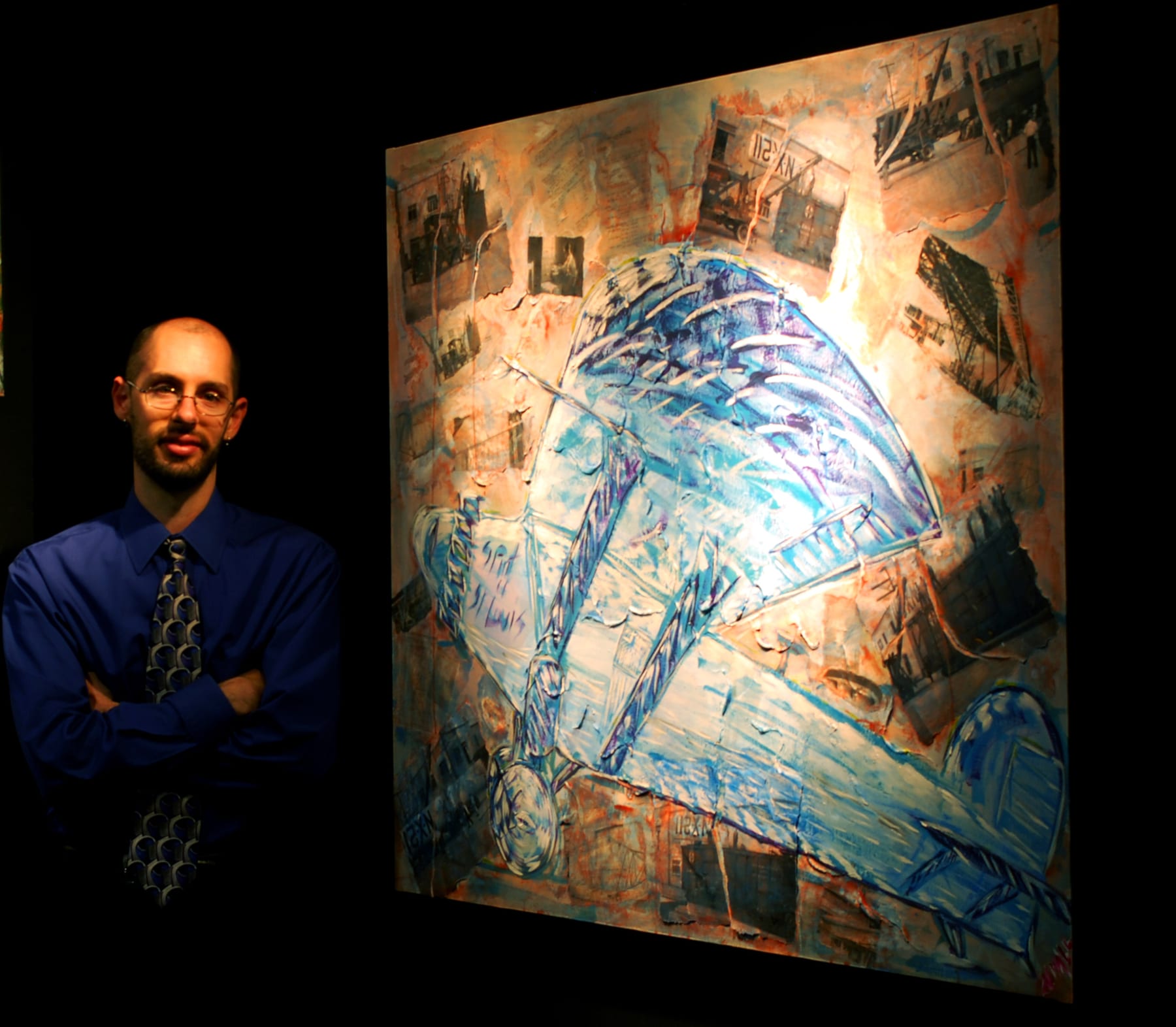 Spirit of St Louis in Blue mixed-media painting by Nova Hall. Contemporary fine art incorporating original 1927 Donald A. Hall Estate Archive photographs and engineering blueprints. Executed with Robert Rauschenberg assemblage and Arte Povera methods under Leandro Soto's mentorship. Targeted for museum buyers and historical aviation art collectors. Features a striking blue monoplane against a collage of authentic period newsprint and archival imagery.
