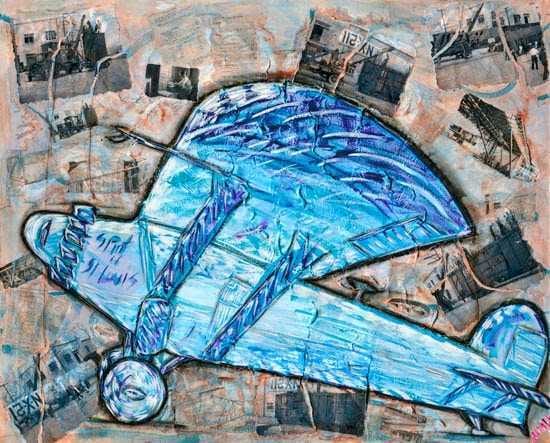 Spirit of St Louis in Blue mixed-media painting by Nova Hall. Contemporary fine art incorporating original 1927 Donald A. Hall Estate Archive photographs and engineering blueprints. Executed with Robert Rauschenberg assemblage and Arte Povera methods under Leandro Soto's mentorship. Targeted for museum buyers and historical aviation art collectors. Features a striking blue monoplane against a collage of authentic period newsprint and archival imagery.