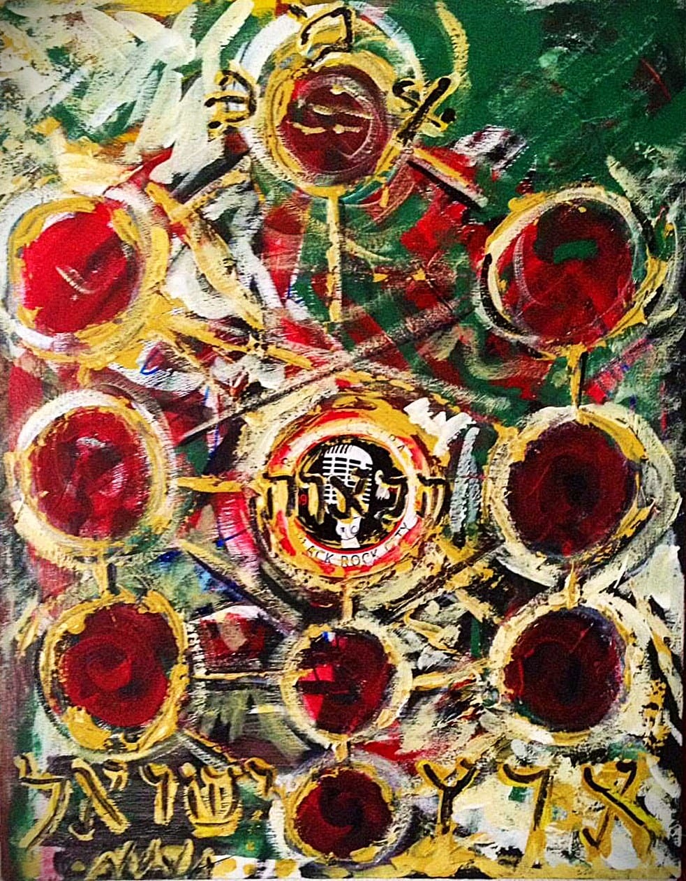 Tree of Life #1 mixed-media painting by Nova Hall. A deeply spiritual contemporary artwork exploring the Kabbalistic sephirot through Arte Povera and Robert Rauschenberg assemblage techniques. Influenced by Rabbi Lee of Hillel, Burning Man, and mentor Leandro Soto. Features rich Marc Chagall-inspired colors and Hebrew text. A highly personal and desirable piece for contemporary art collectors focusing on religious and existential themes.