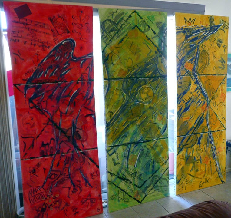Unwavering Faith, Unwavering Life triptych painting by Nova Hall. Three 8x3 foot panels commissioned by the David and Marilyn Frazer Memorial Award for the Arts (Hillel ASU). Utilizes sumi ink, acrylic, and reversed Nazi stamps to explore 1,000 years of Jewish history, family resilience, and the Holocaust. Mentored by Leandro Soto. A monumental acquisition for Holocaust museums, Jewish cultural archives, and fine art collectors.