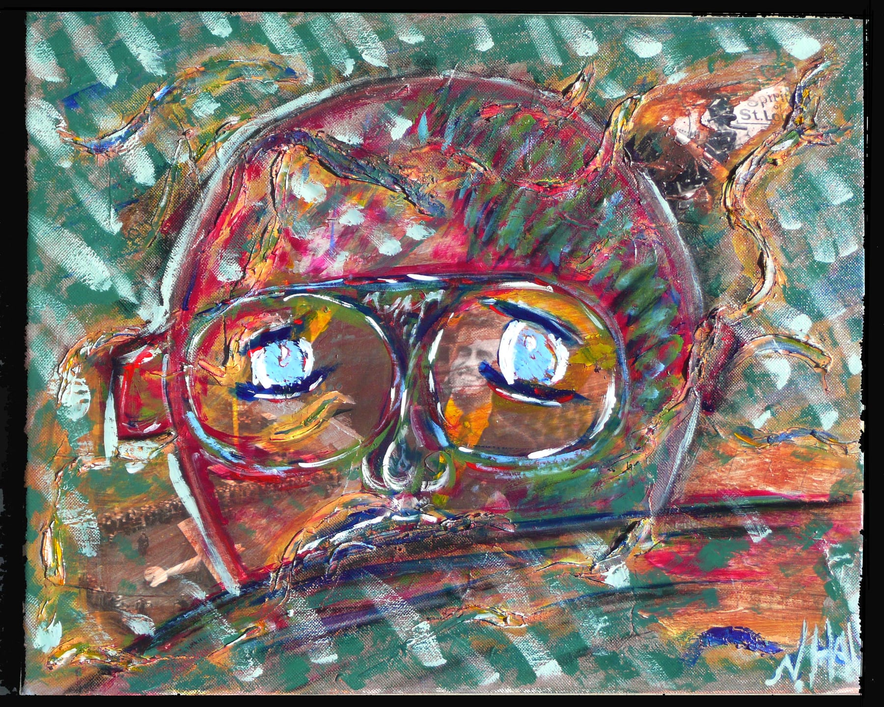 Visions mixed-media painting by Nova Hall. A 16x20 inch portrait of Charles Lindbergh exploring his hallucinatory experiences during the 1927 transatlantic flight. Created under Leandro Soto, this piece blends Robert Rauschenberg assemblage and Arte Povera techniques, incorporating original Donald A. Hall Estate Archive photographs. Exhibited from ASU to Sun Studios in Tempe. Ideal for contemporary art collectors and aviation historians.