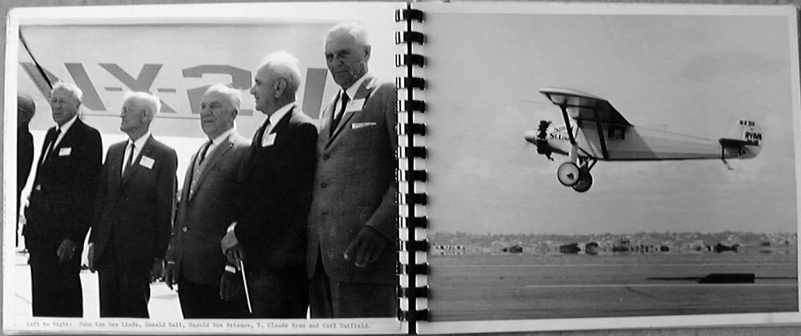 Commemorative album spread showing original Ryan builders in San Diego and the Spirit of St. Louis replica taking off in 1967.
