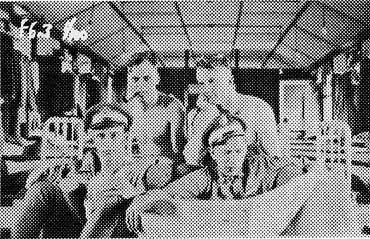 A pixelated halftone print showing a group of young flight cadets crowded together in the back of an open military transport vehicle.