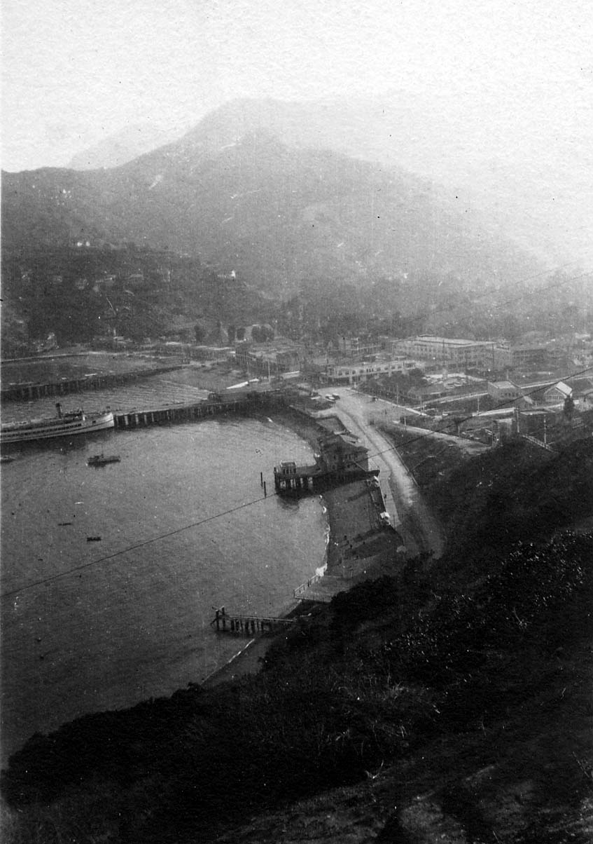 A high-altitude, hazy aerial view looking down a steep, scrub-covered hillside toward a coastal resort and a long pier jutting into a calm bay.