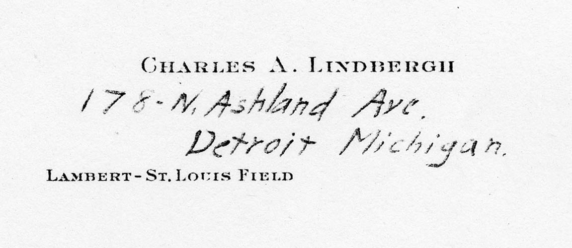 Charles A. Lindbergh's personal calling card from Lambert-St. Louis Field with his mother's Detroit address inscribed in ink.