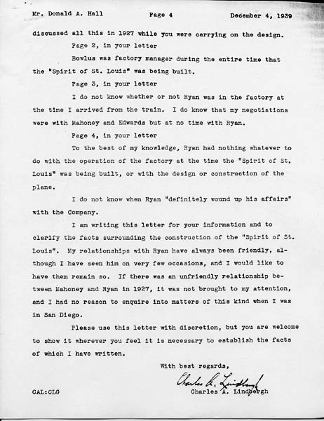 Page 4 of a typed letter signed from Charles A. Lindbergh authorizing Donald Hall to use the letter to establish historical truth.