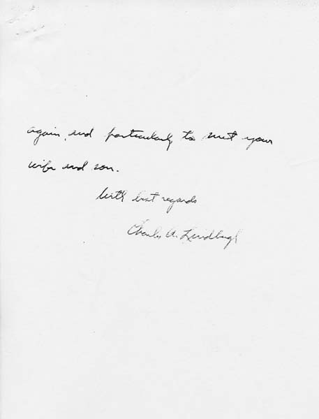 Page 4 of a handwritten letter from Charles A. Lindbergh expressing a wish to meet Donald A. Hall Sr.'s wife and son.
