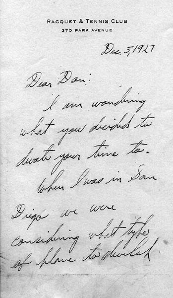 Page 1 of a handwritten letter from Charles A. Lindbergh to Donald A. Hall Sr. from the Racquet and Tennis Club in New York.
