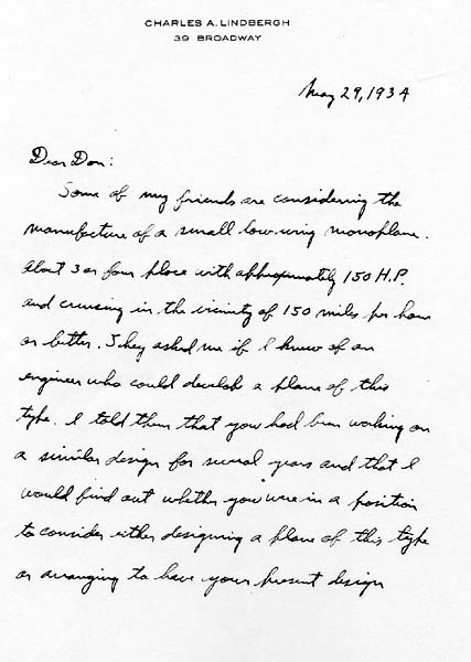 Page 1 of an autograph letter from Charles A. Lindbergh to Donald A. Hall Sr. proposing a 150 HP low-wing monoplane.