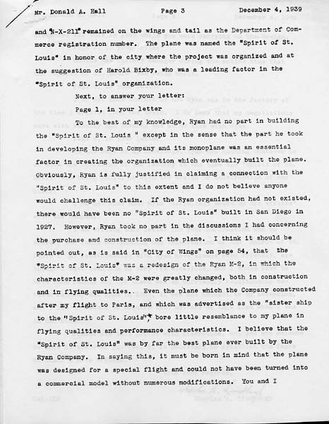 Page 3 of a typed letter signed from Charles A. Lindbergh stating T. Claude Ryan had no part in building the Spirit of St. Louis.