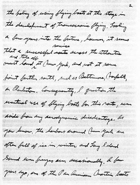 Page 2 of an autograph letter from Charles A. Lindbergh analyzing New York harbor winter ice and transoceanic flying boat hazards.