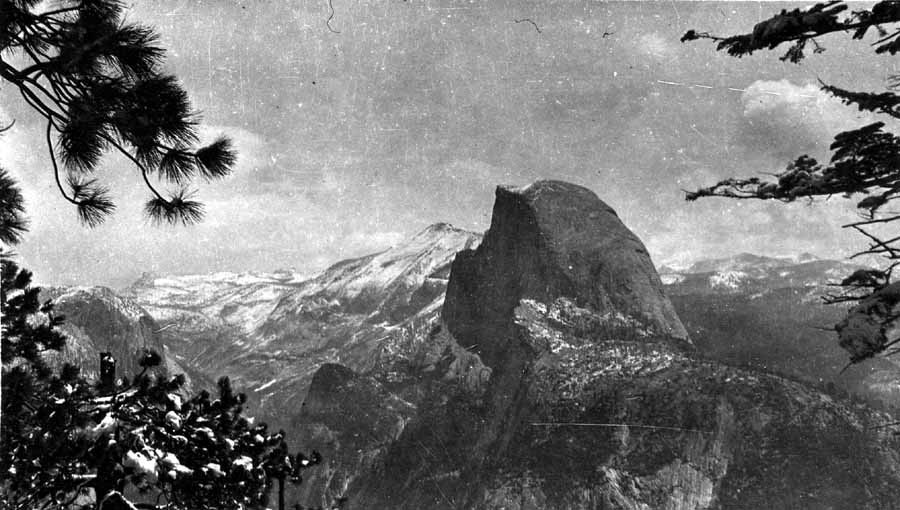 The snow-covered peak of Half Dome and Tenaya Canyon seen from a high winter overlook framed by snow-covered pine branches.