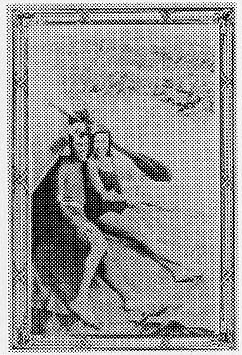 A grainy halftone print showing a man and a woman sitting in a canoe holding paddles.