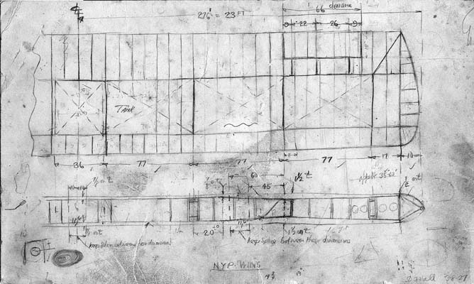 Original technical pencil drawing of the Ryan NYP wing assembly layout showing rib spacing, wing tanks, and aileron dimensions.