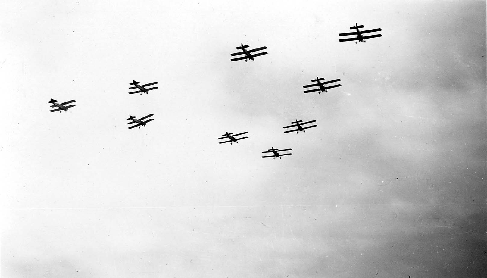 Nine biplanes flying in a large, coordinated diamond formation against a gray, overcast sky.