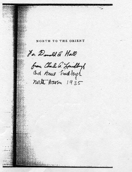 Title page of North to the Orient inscribed to Donald A. Hall jointly by Charles A. Lindbergh and Anne Morrow Lindbergh.
