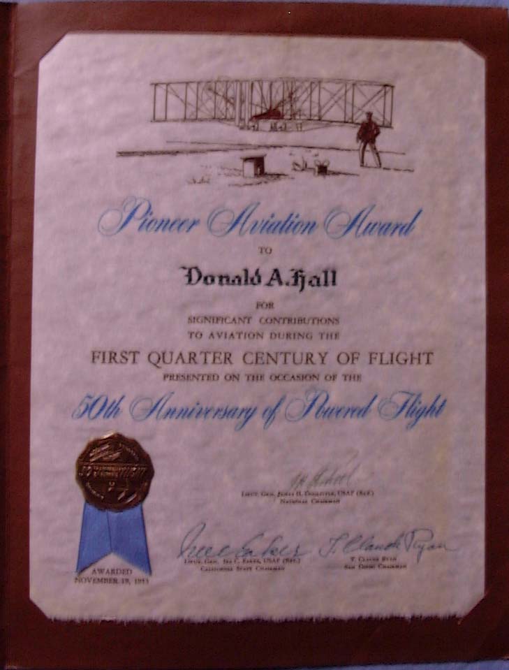 The Pioneer Aviation Award certificate presented to Donald A. Hall signed by Generals Jimmy Doolittle, Ira Eaker, and T. Claude Ryan.