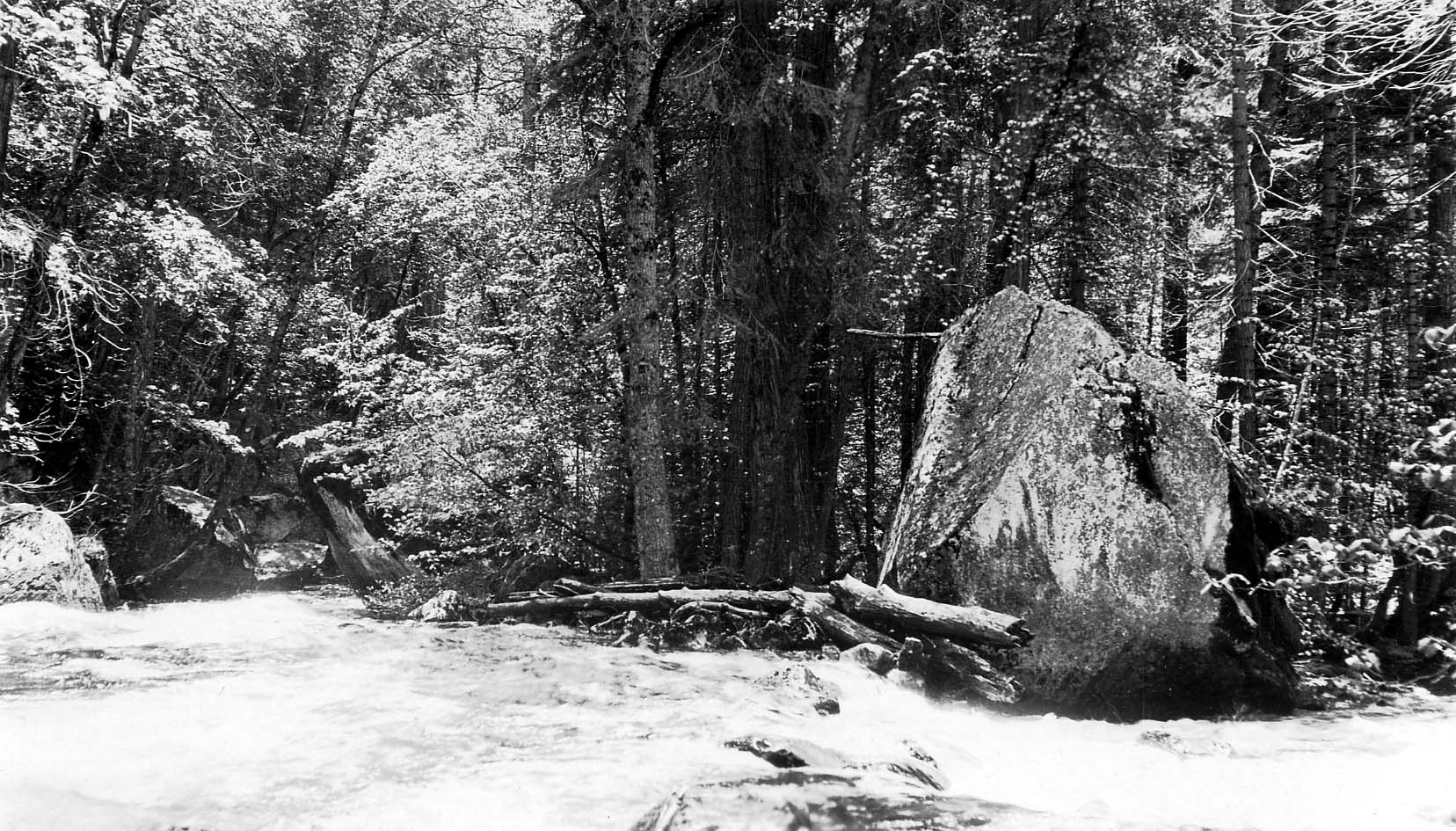 Fast-flowing river water creating surface ripples and foam as it sweeps past a massive angular granite boulder and log jam at the forest edge.