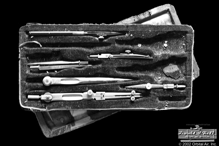 Fitted velvet-lined case containing Donald A. Hall's German silver and steel precision drafting compasses and ruling pens.
