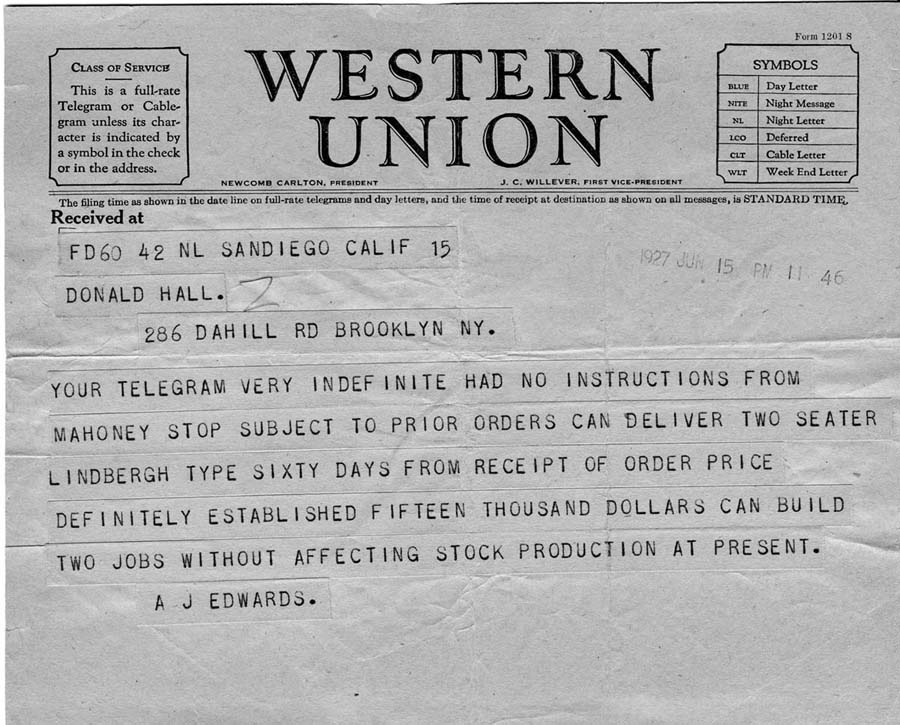 Western Union telegram from A.J. Edwards to Donald Hall quoting fifteen thousand dollars to build a two-seat Lindbergh type aircraft.