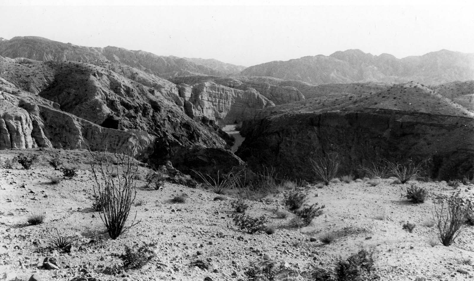 An elevated wide-angle view looking down across a rugged desert plateau toward a distant winding river gorge framed by rolling hills.