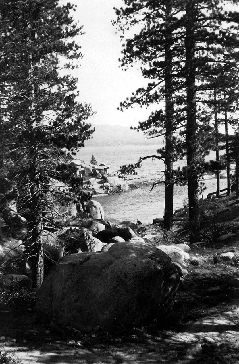 A scenic view through framing pine trees looking across the shimmering waters of Lake Cuyamaca toward distant mountain peaks.