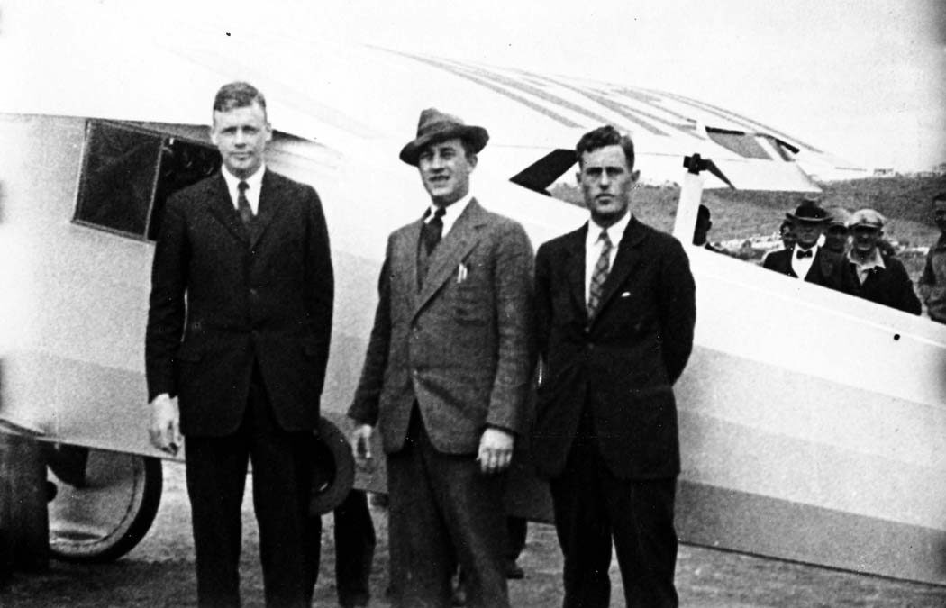 Charles Lindbergh and Ben Mahoney and Donald A. Hall standing in front of the Spirit of St. Louis in April 1927 San Diego, California