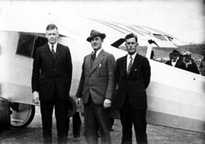 Spirit of St. Louis in San Diego with Charles Lindbergh, Ben Mahoney, and Donald Hall at Dutch Flats in April 1927