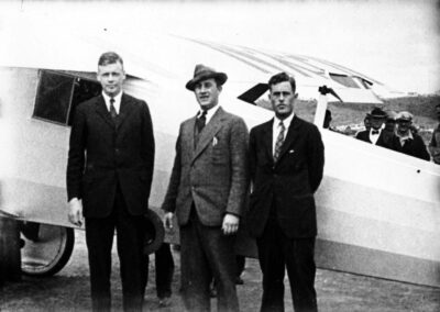 Spirit of St. Louis in San Diego with Charles Lindbergh, Ben Mahoney, and Donald Hall at Dutch Flats in April 1927