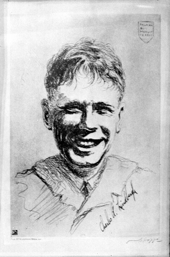 A vintage drawling of pilot Charles Lindbergh smiling. Signed signature of the famous aviator who flew the St Louis to Paris France in May 1927.