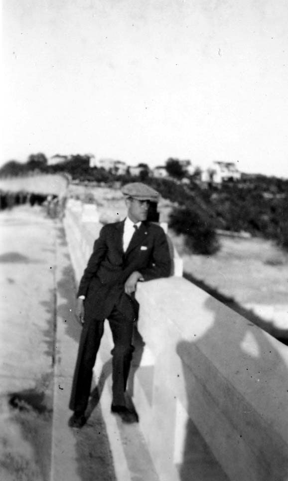 A vintage black and white photograph of aviation engineer and aircraft designer Donald A. Hall, designer of the Sprit of St Louis on the bridge at Balboa Park in San Diego, California.