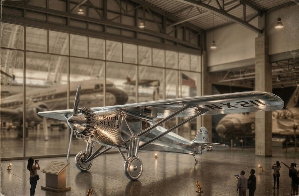 Spirit of St Louis in Museum Spirit of St Louis aircraft in Silver at the air and space museum extension in Washington DC. AI created.